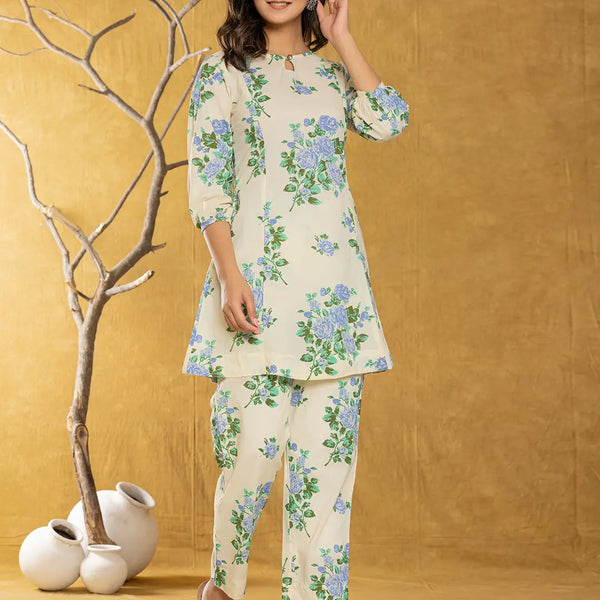 Yufta Cotton Blue Floral Print Co-Ord Set - Distacart