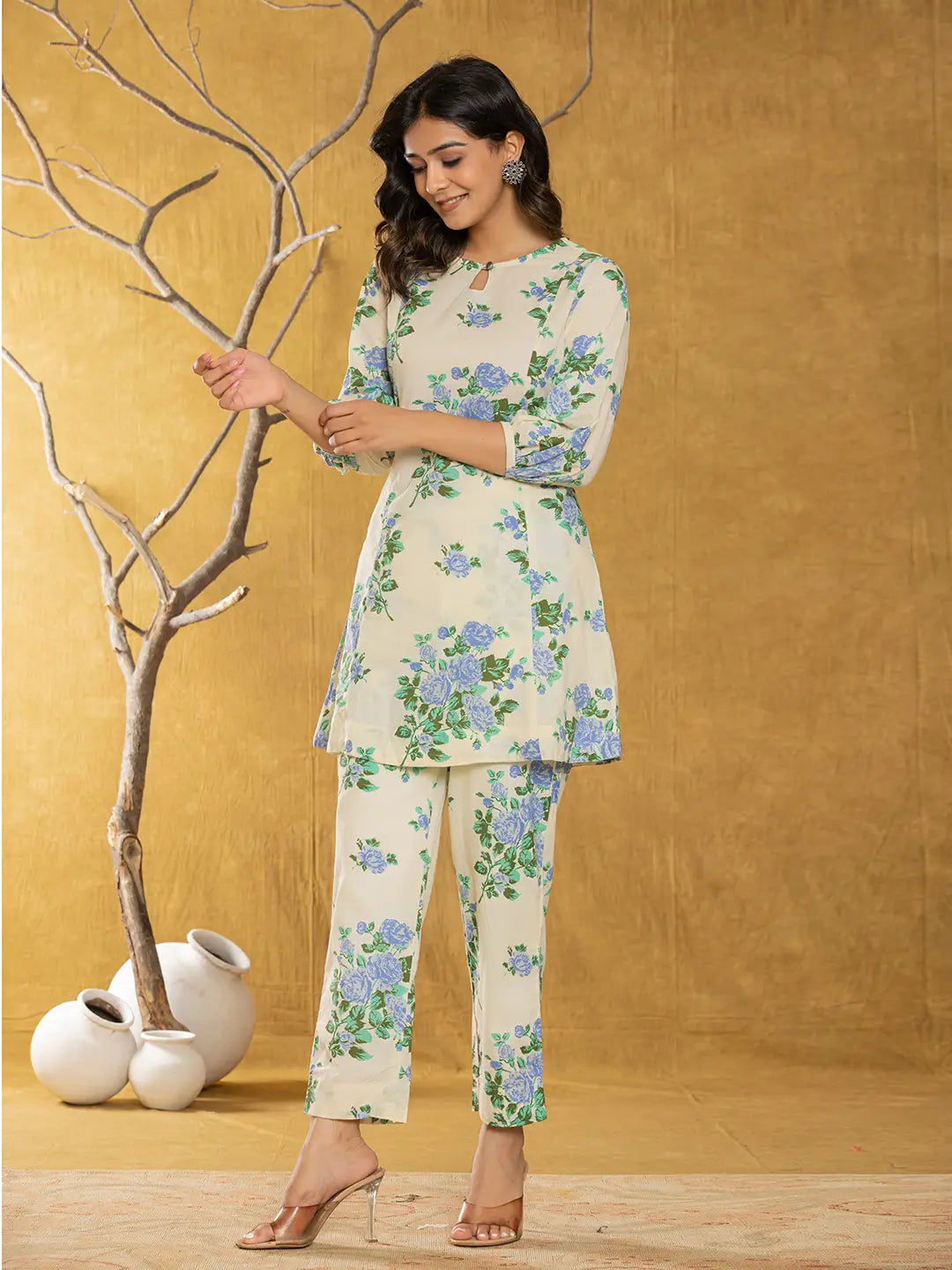 Yufta Cotton Blue Floral Print Co-Ord Set - Distacart