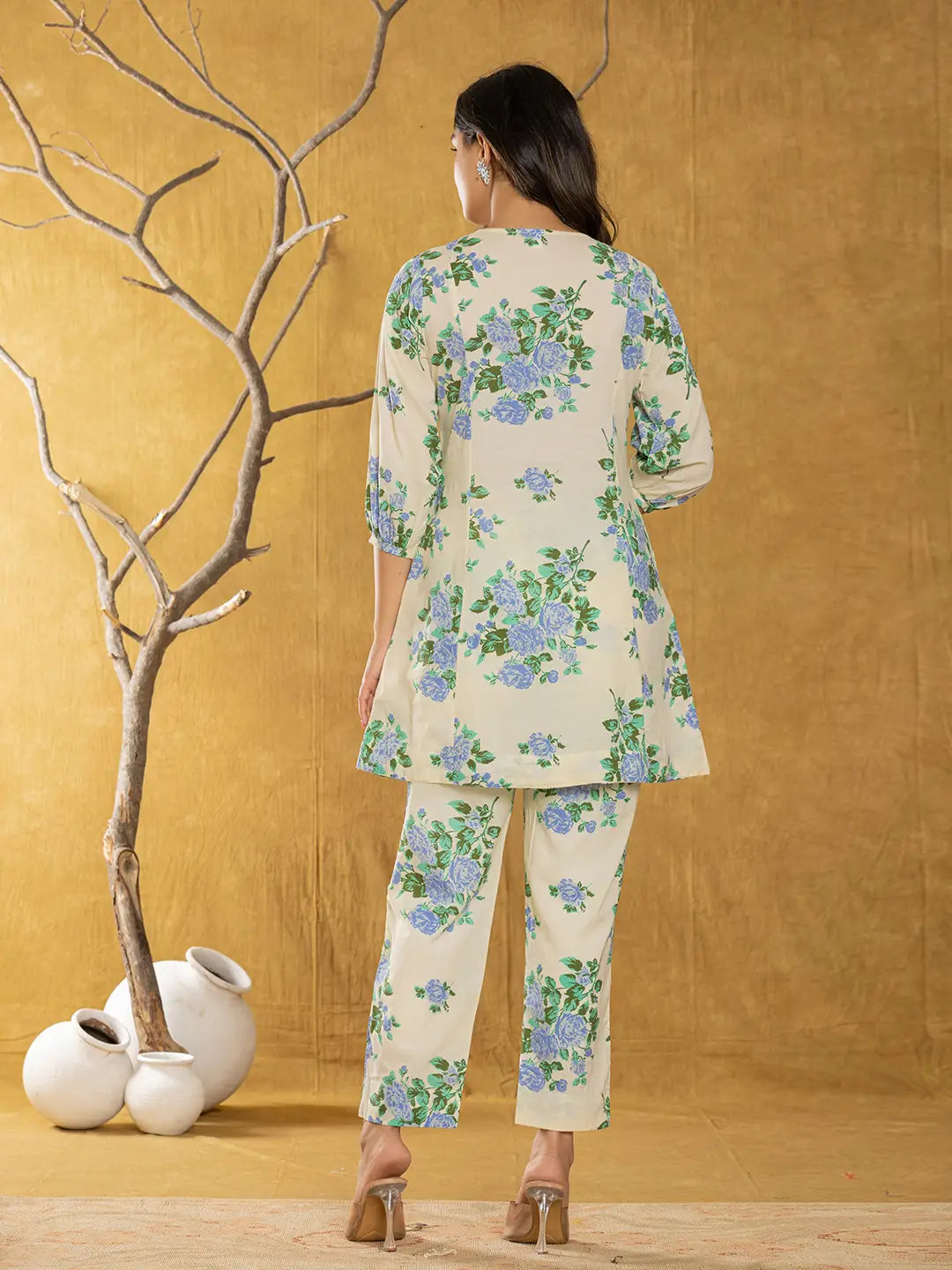 Yufta Cotton Blue Floral Print Co-Ord Set - Distacart