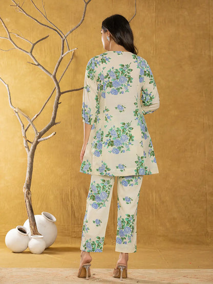 Yufta Cotton Blue Floral Print Co-Ord Set - Distacart