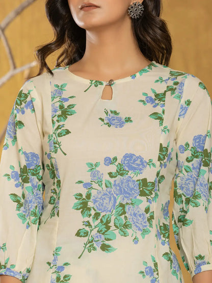 Yufta Cotton Blue Floral Print Co-Ord Set - Distacart