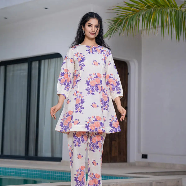 Yufta Peach Floral Print Top And Trouser Co Ord Set - Distacart