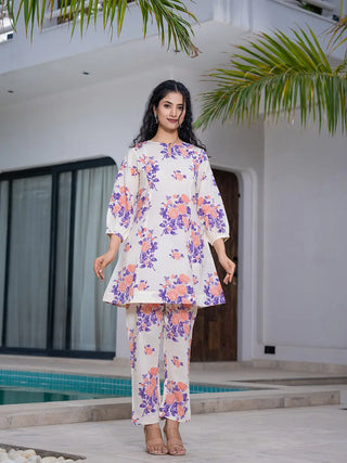 Yufta Peach Floral Print Top And Trouser Co Ord Set - Distacart