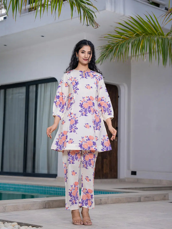 Yufta Peach Floral Print Top And Trouser Co Ord Set