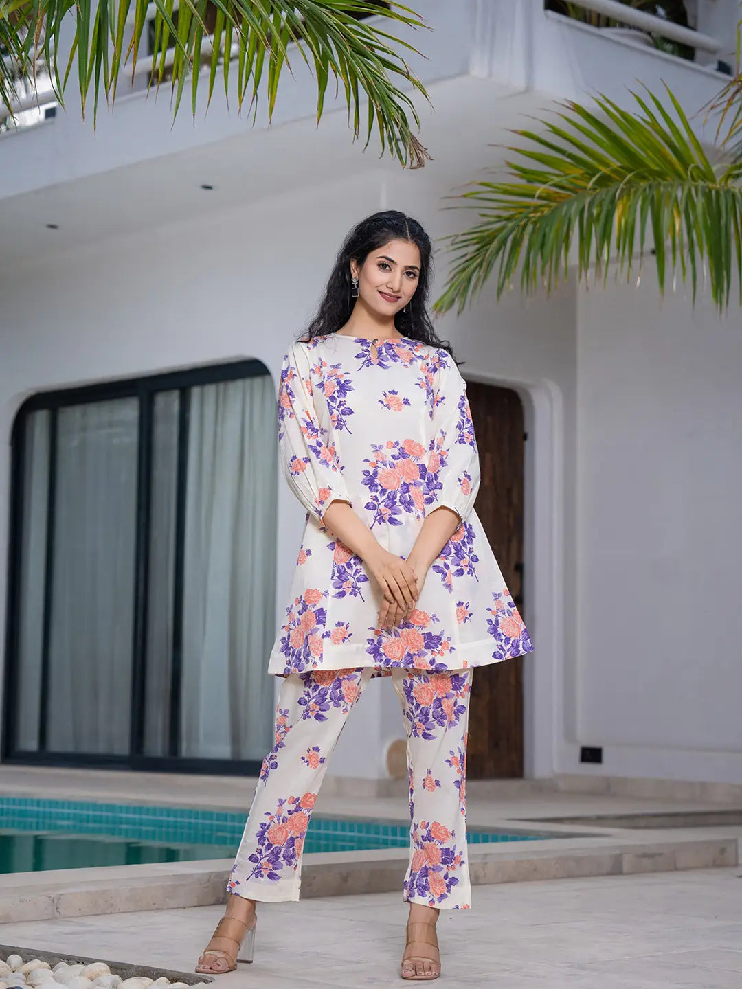 Yufta Peach Floral Print Top And Trouser Co Ord Set - Distacart