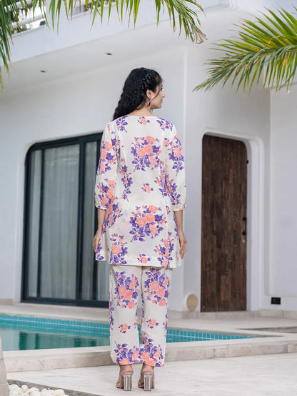 Yufta Peach Floral Print Top And Trouser Co Ord Set - Distacart