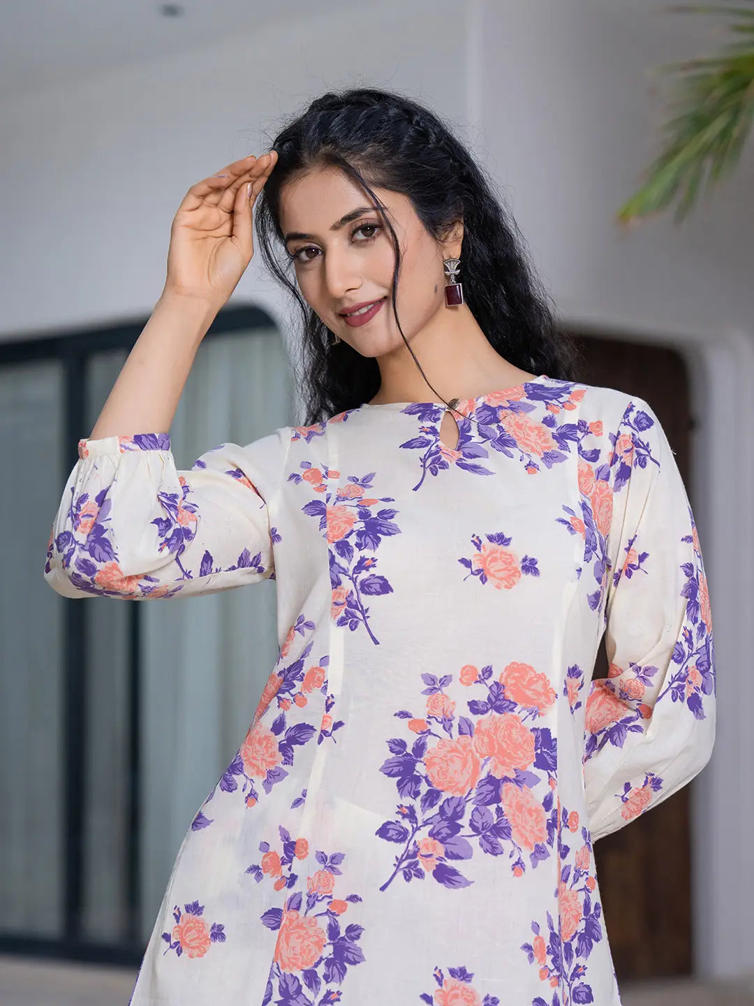 Yufta Peach Floral Print Top And Trouser Co Ord Set