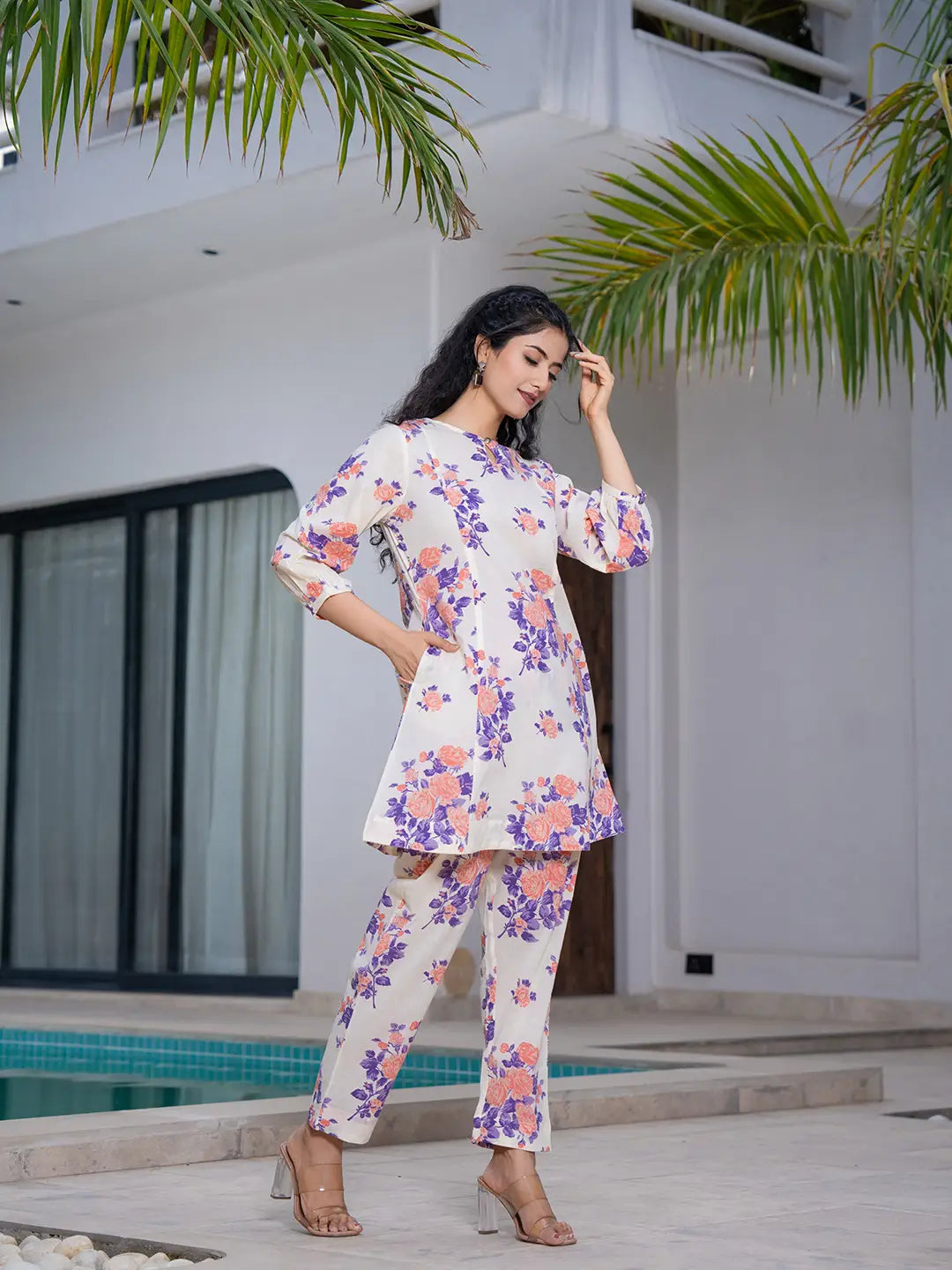 Yufta Peach Floral Print Top And Trouser Co Ord Set