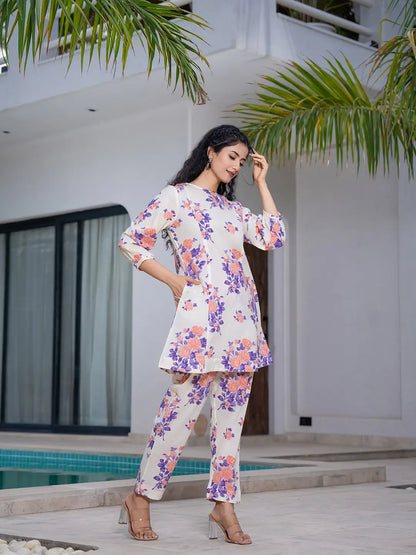 Yufta Peach Floral Print Top And Trouser Co Ord Set - Distacart
