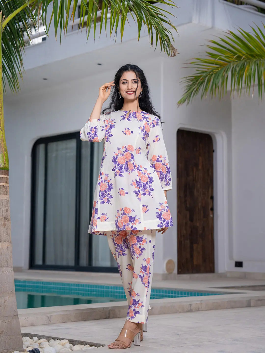 Yufta Peach Floral Print Top And Trouser Co Ord Set
