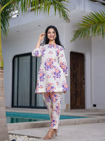 Yufta Peach Floral Print Top And Trouser Co Ord Set - Distacart