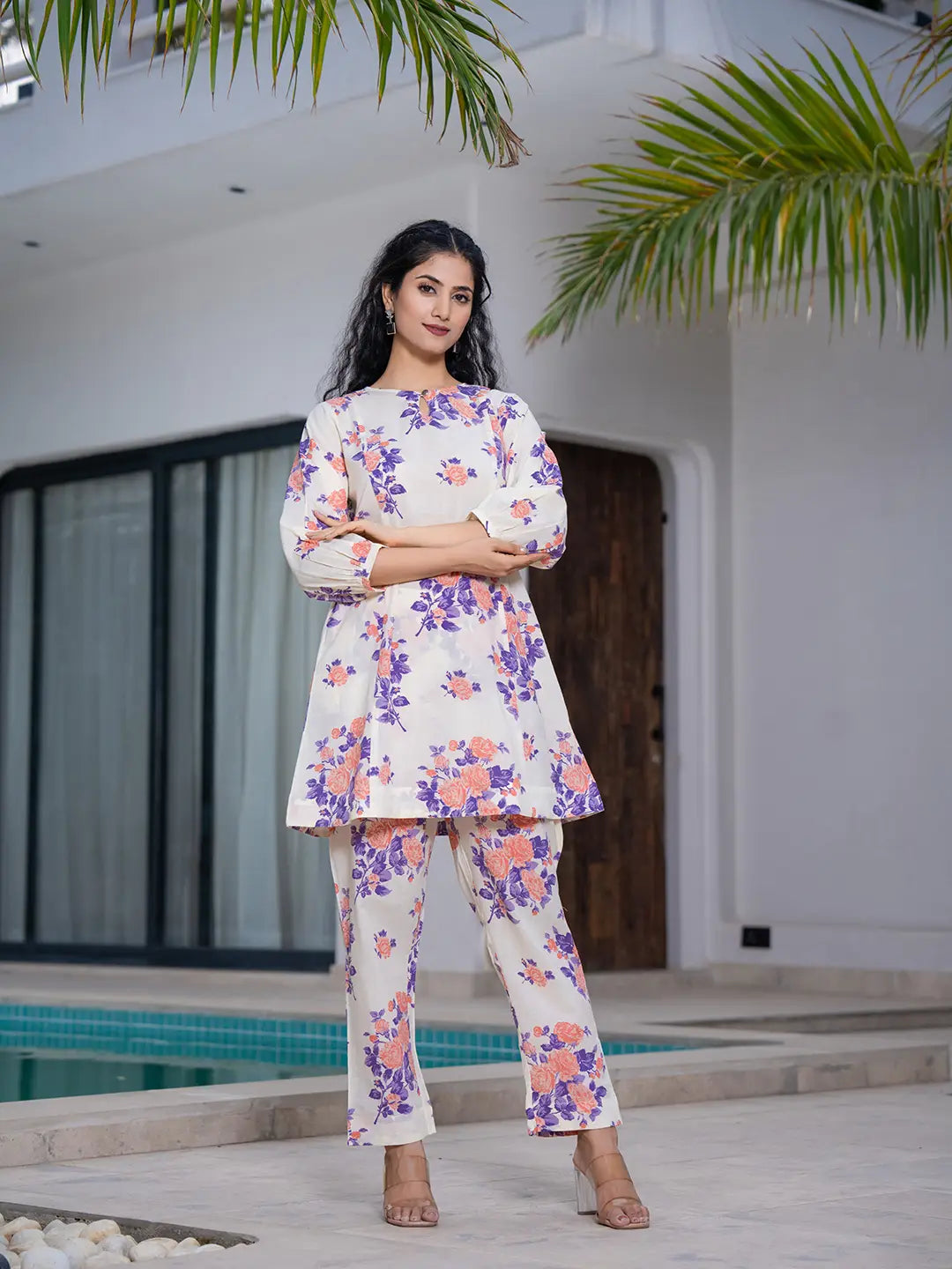Yufta Peach Floral Print Top And Trouser Co Ord Set