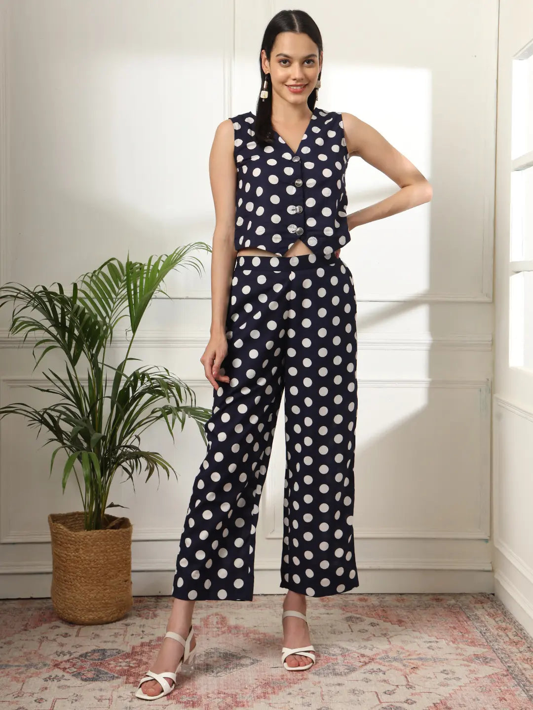 Yufta Blue Cotton Polka Dot Waistcoat Co-Ord - Distacart