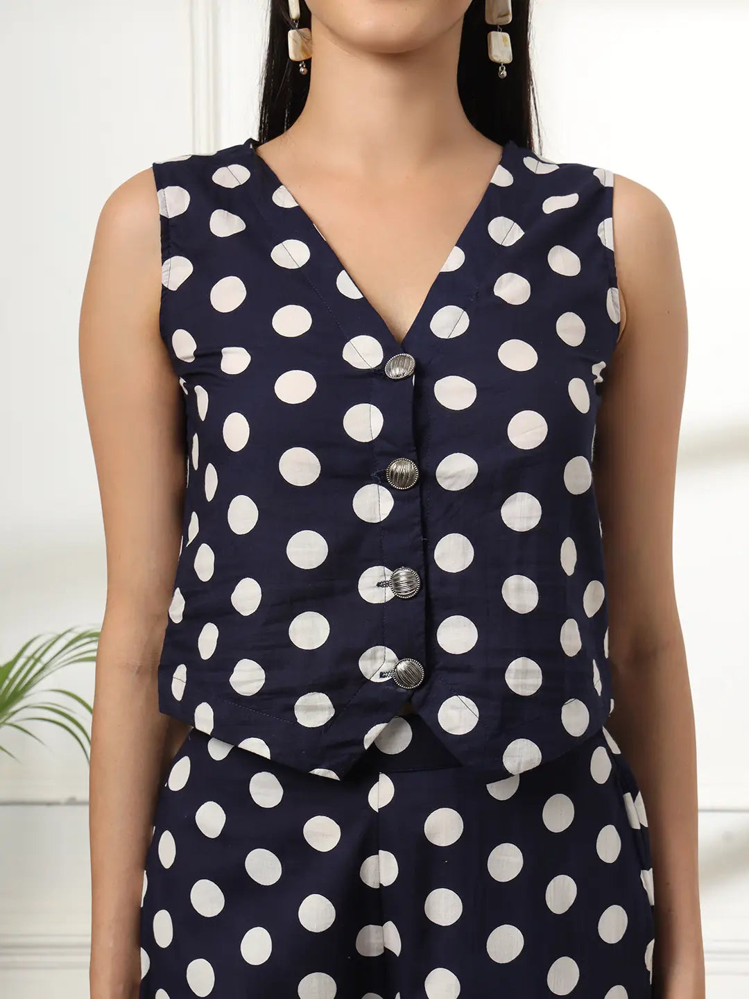 Yufta Blue Cotton Polka Dot Waistcoat Co-Ord - Distacart
