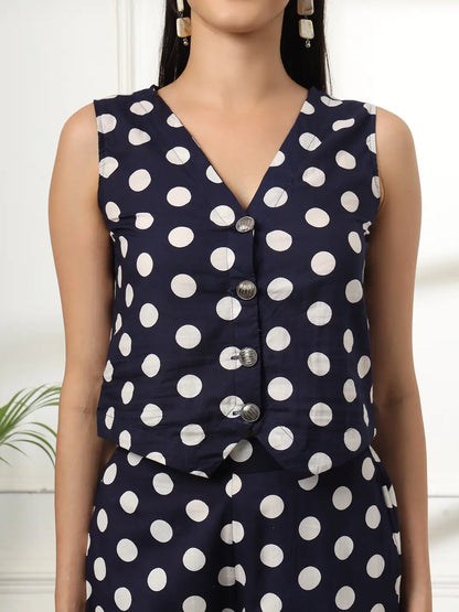 Yufta Blue Cotton Polka Dot Waistcoat Co-Ord - Distacart