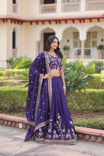 Thumbnail for Lorenvalley Fashion Purple NC Vichitra Silk Sequins & Zari Embroidered Work Lehenga Choli with Dupatta - Distacart