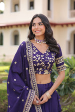 Thumbnail for Lorenvalley Fashion Purple NC Vichitra Silk Sequins & Zari Embroidered Work Lehenga Choli with Dupatta - Distacart