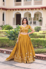 Thumbnail for Lorenvalley Fashion Yellow NC Vichitra Silk Sequins & Zari Embroidered Work Lehenga Choli with Dupatta - Distacart
