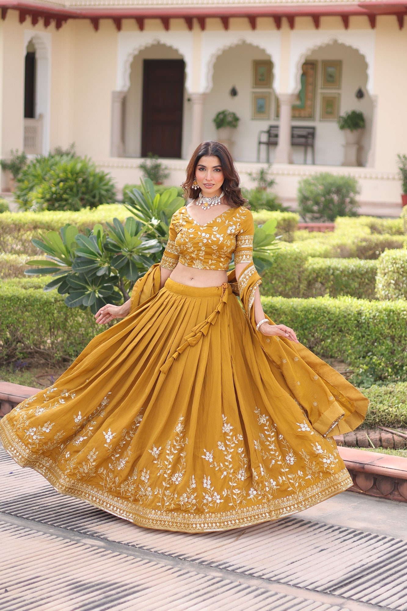 Lorenvalley Fashion Yellow NC Vichitra Silk Sequins & Zari Embroidered Work Lehenga Choli with Dupatta - Distacart