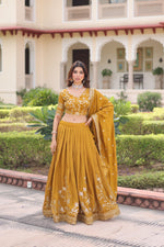 Thumbnail for Lorenvalley Fashion Yellow NC Vichitra Silk Sequins & Zari Embroidered Work Lehenga Choli with Dupatta - Distacart