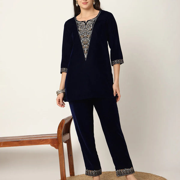 Yufta Navy Blue Velvet Embroidered Co-Ord Set - Distacart