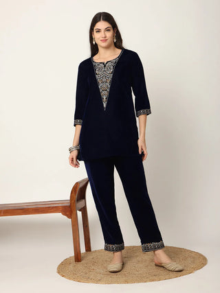 Yufta Navy Blue Velvet Embroidered Co-Ord Set - Distacart