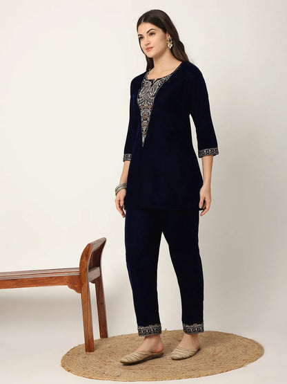 Yufta Navy Blue Velvet Embroidered Co-Ord Set - Distacart