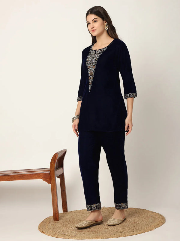 Yufta Navy Blue Velvet Embroidered Co-Ord Set