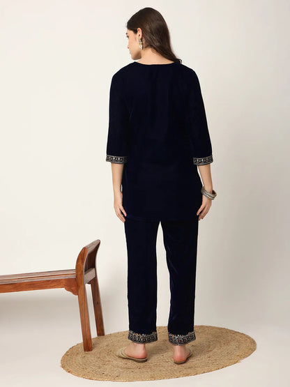 Yufta Navy Blue Velvet Embroidered Co-Ord Set - Distacart