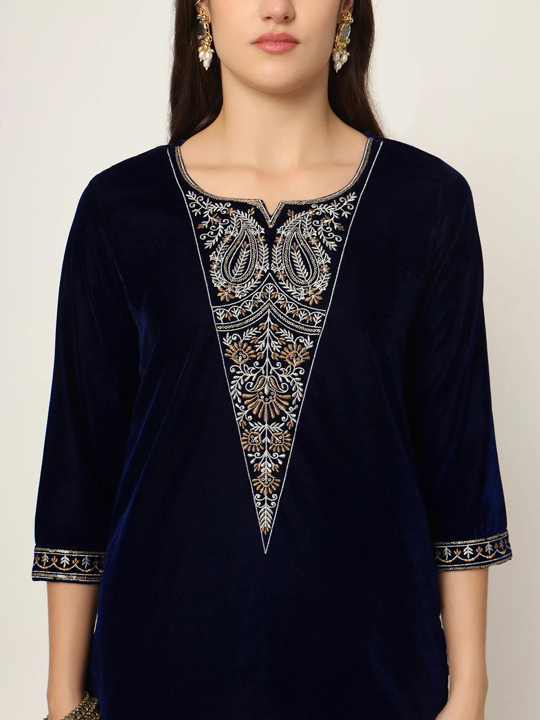 Yufta Navy Blue Velvet Embroidered Co-Ord Set - Distacart