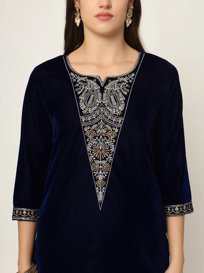 Yufta Navy Blue Velvet Embroidered Co-Ord Set - Distacart