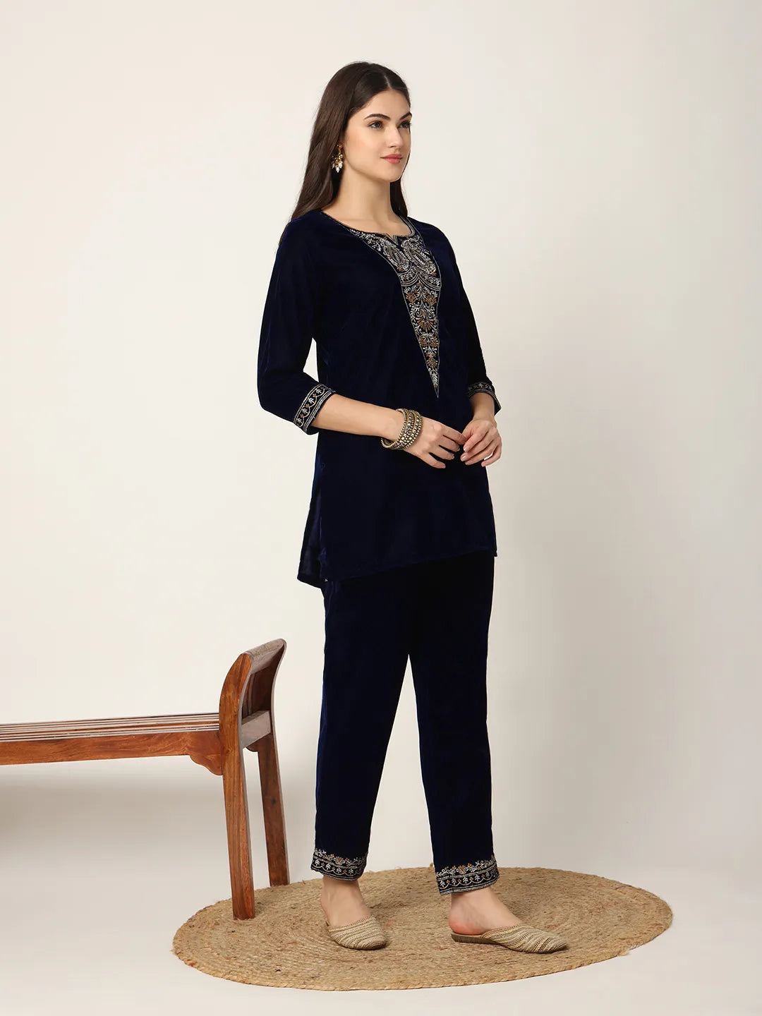 Yufta Navy Blue Velvet Embroidered Co-Ord Set - Distacart