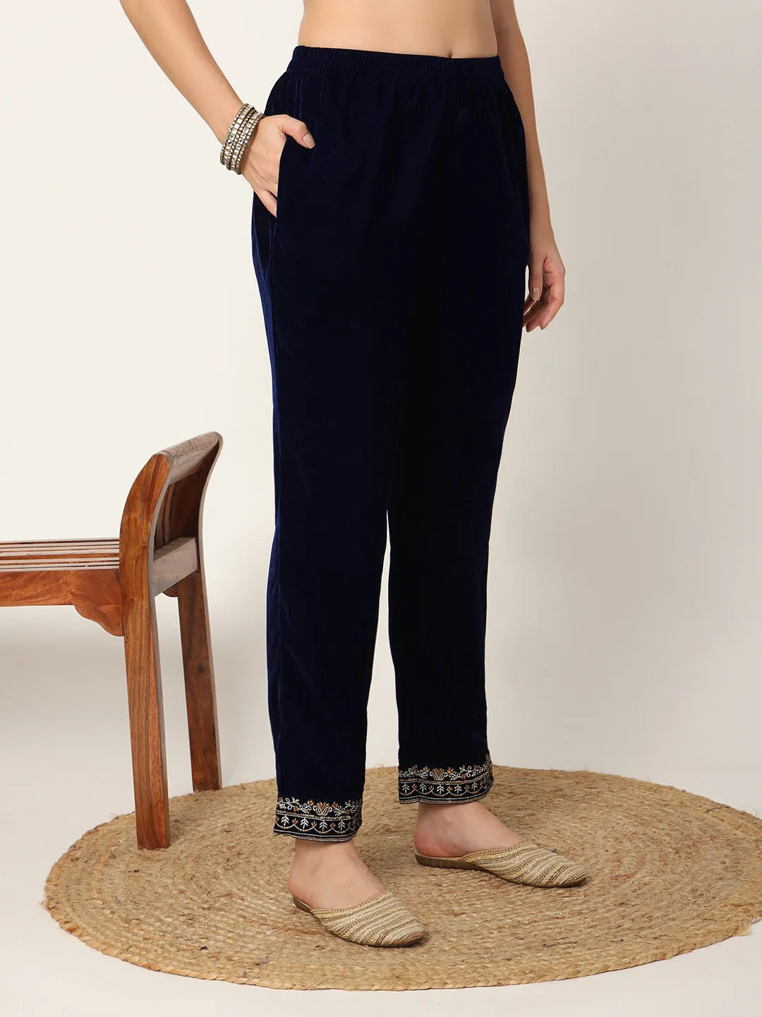Yufta Navy Blue Velvet Embroidered Co-Ord Set - Distacart