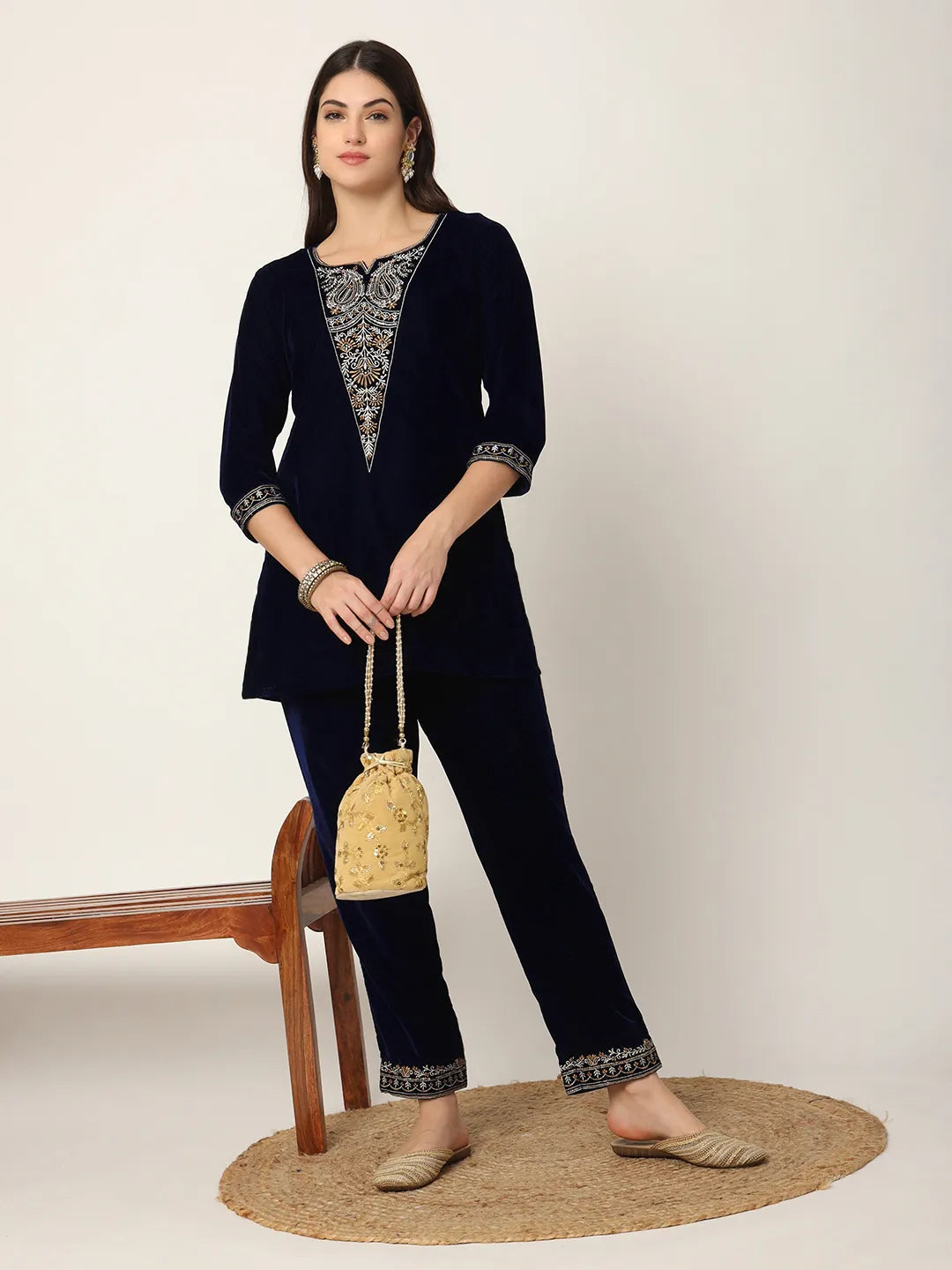 Yufta Navy Blue Velvet Embroidered Co-Ord Set - Distacart
