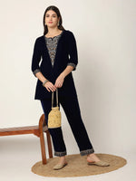 Thumbnail for Yufta Navy Blue Velvet Embroidered Co-Ord Set