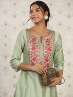 Thumbnail for Ode by House of Pataudi Yoke Design Embroidered Kurta with Trousers - Distacart