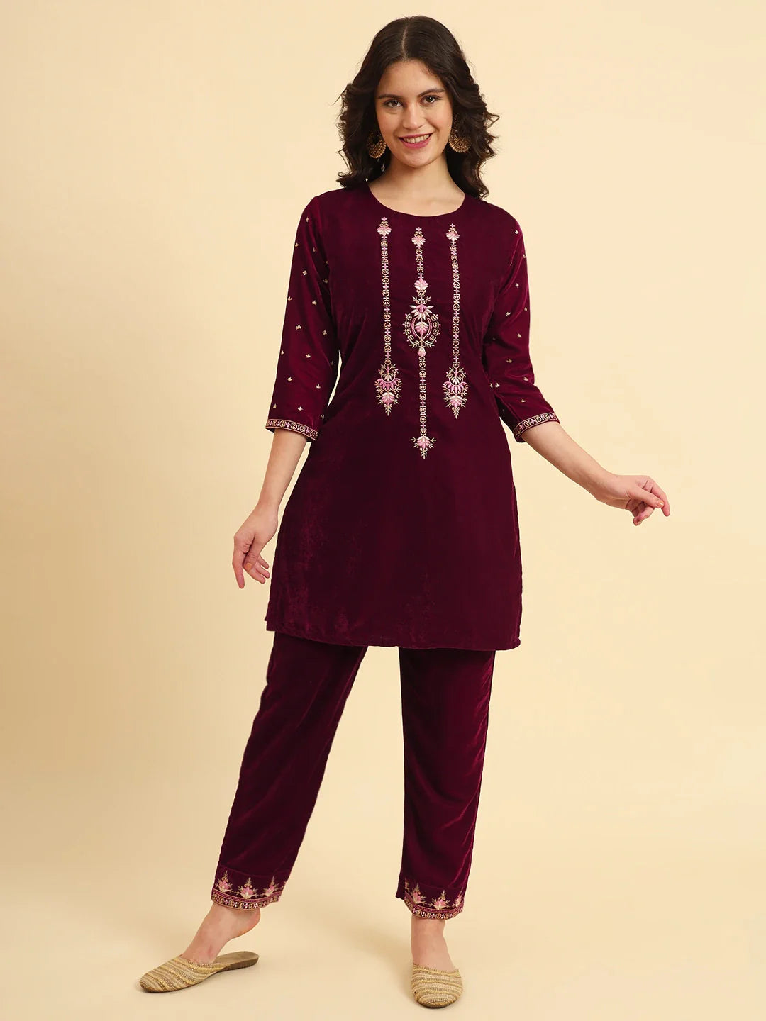 Yufta Magenta Velvet embroidered Co Ord Set With Cotton Lining - Distacart