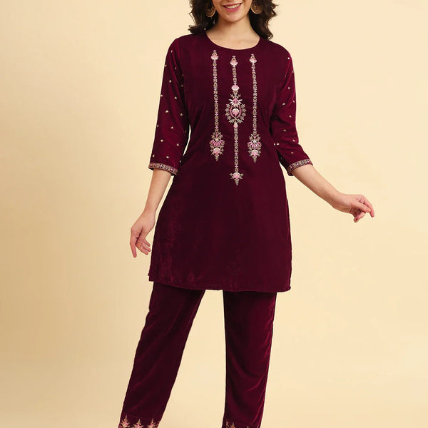Yufta Magenta Velvet embroidered Co Ord Set With Cotton Lining - Distacart