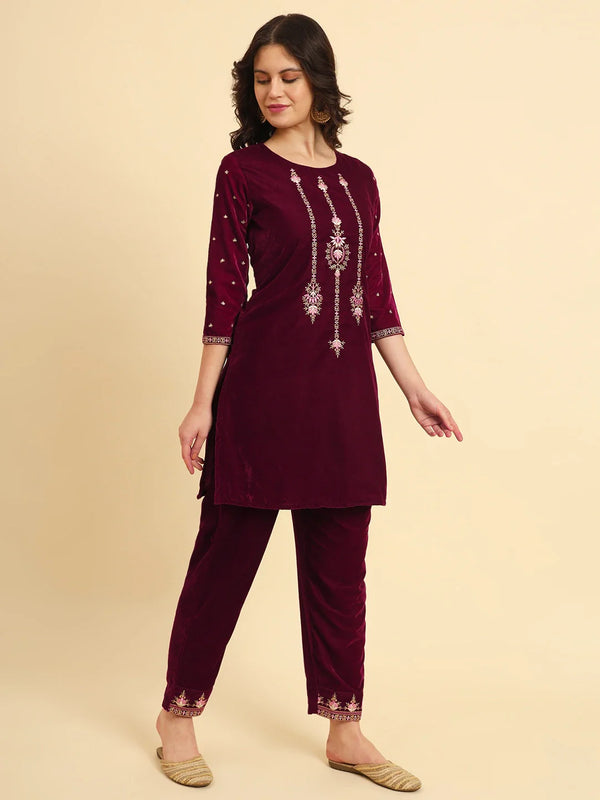 Yufta Magenta Velvet embroidered Co Ord Set With Cotton Lining