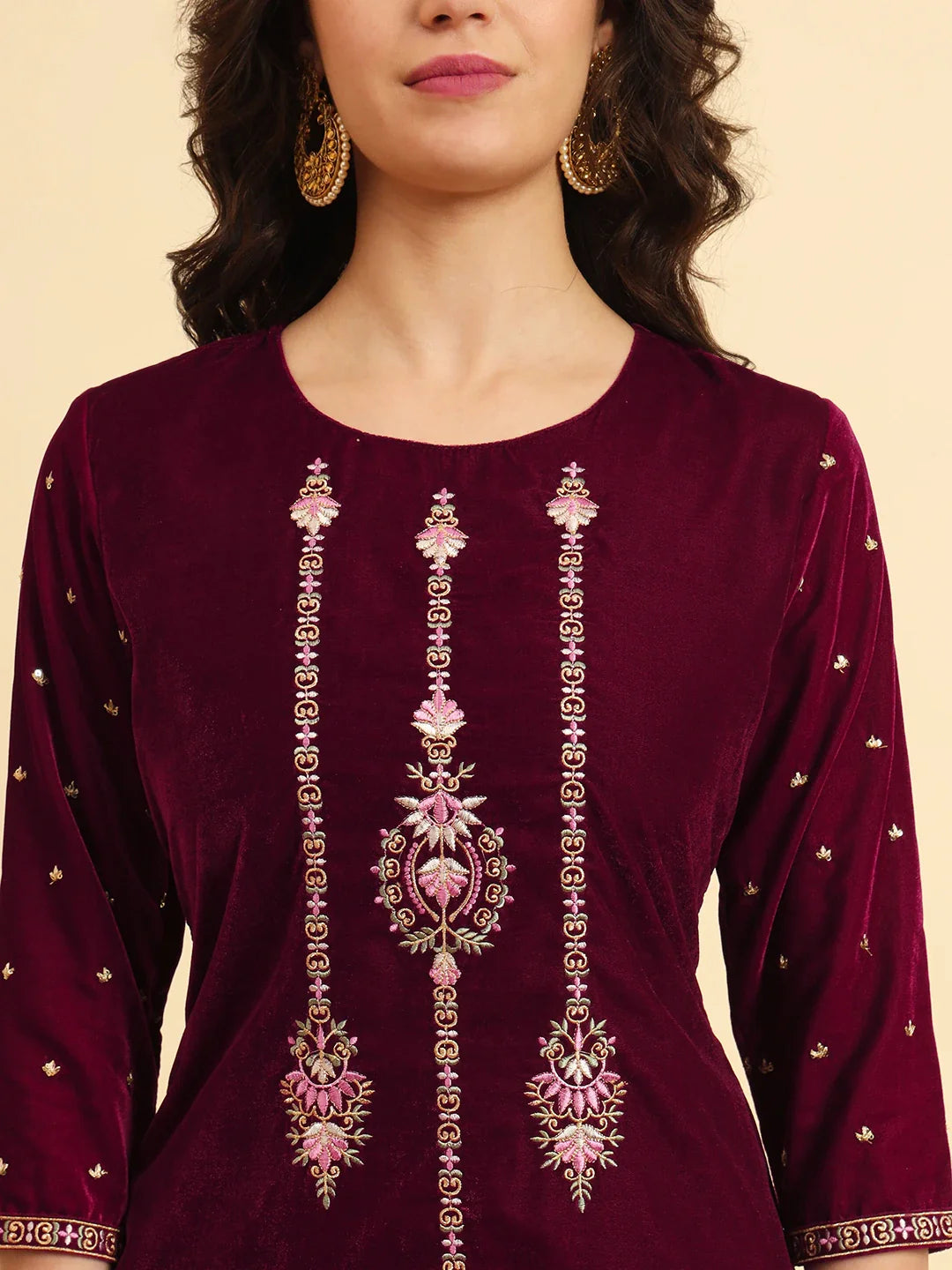 Yufta Magenta Velvet embroidered Co Ord Set With Cotton Lining