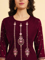 Thumbnail for Yufta Magenta Velvet embroidered Co Ord Set With Cotton Lining