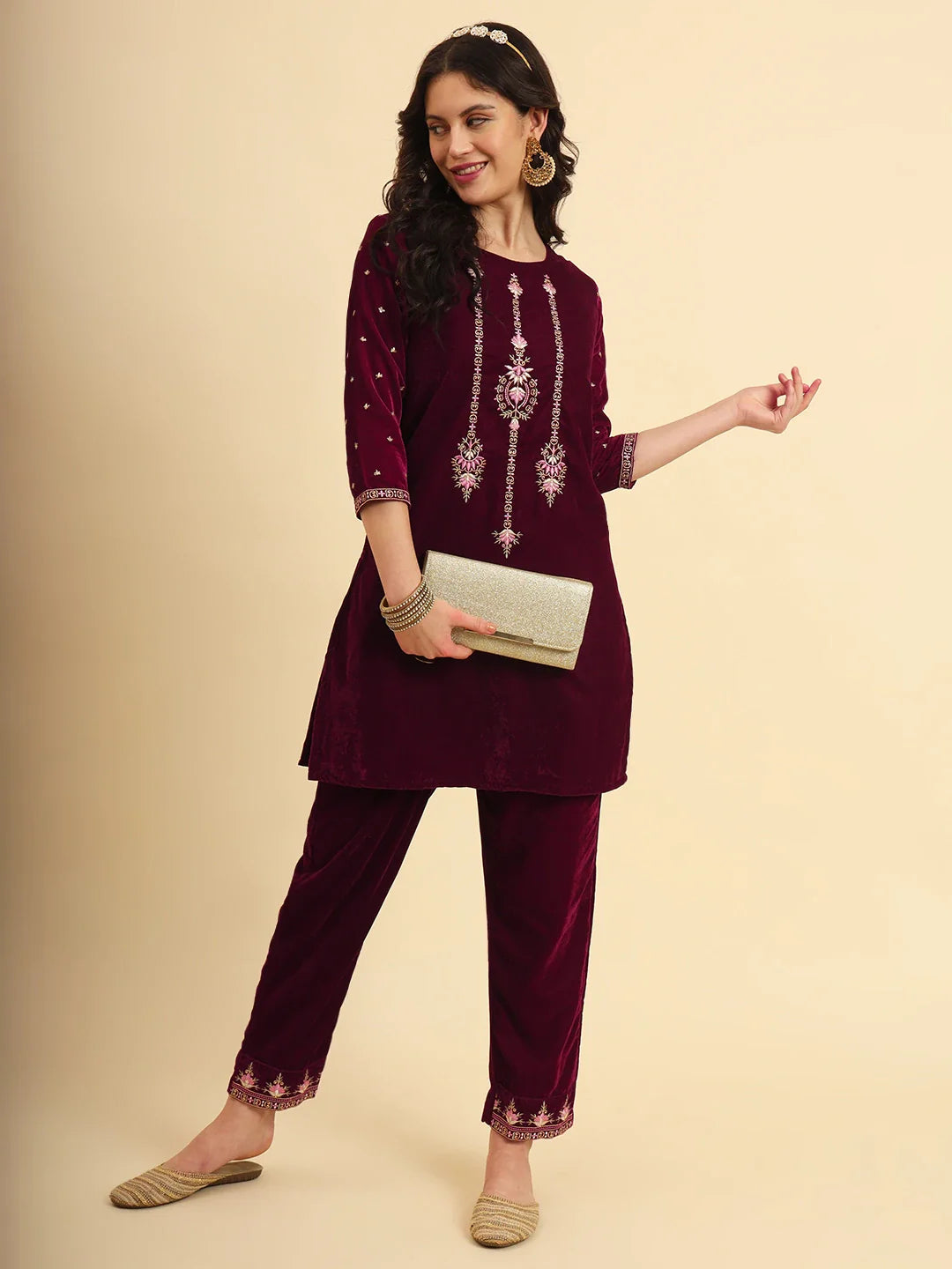 Yufta Magenta Velvet embroidered Co Ord Set With Cotton Lining