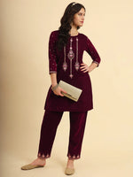 Thumbnail for Yufta Magenta Velvet embroidered Co Ord Set With Cotton Lining