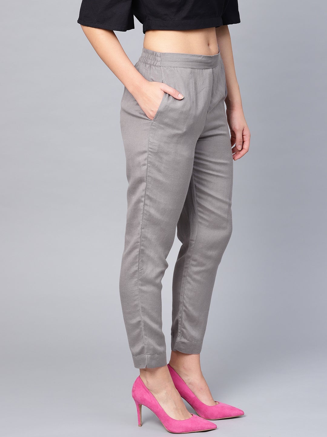 Juniper Grey Solid Rayon Flex Slim Fit Women Pants With Two Pockets - Distacart