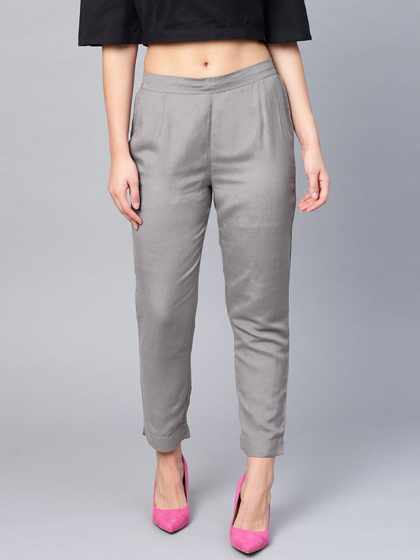 Juniper Grey Solid Rayon Flex Slim Fit Women Pants With Two Pockets - Distacart