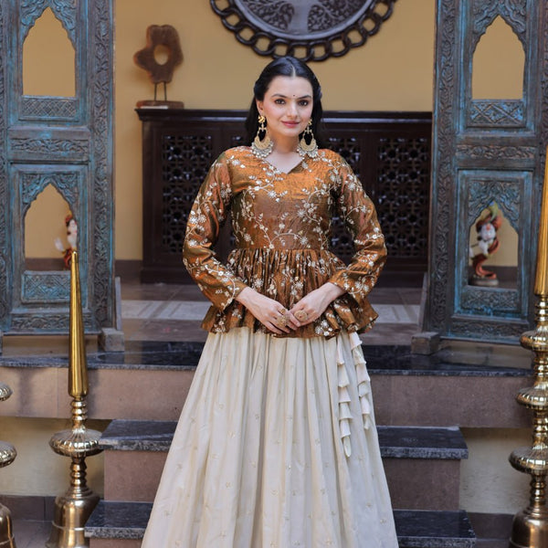 Lorenvalley Fashion Offwhite Cosmos Fabrics with Sequins & Zari Embroidered With Mirror Lace Work Lehenga Choli - Dista