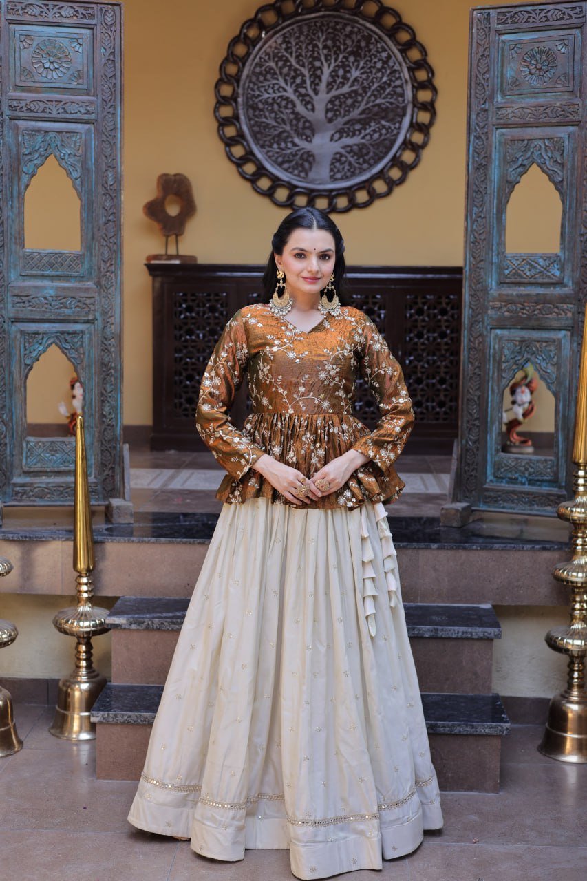Lorenvalley Fashion Offwhite Cosmos Fabrics with Sequins & Zari Embroidered With Mirror Lace Work Lehenga Choli - Dista