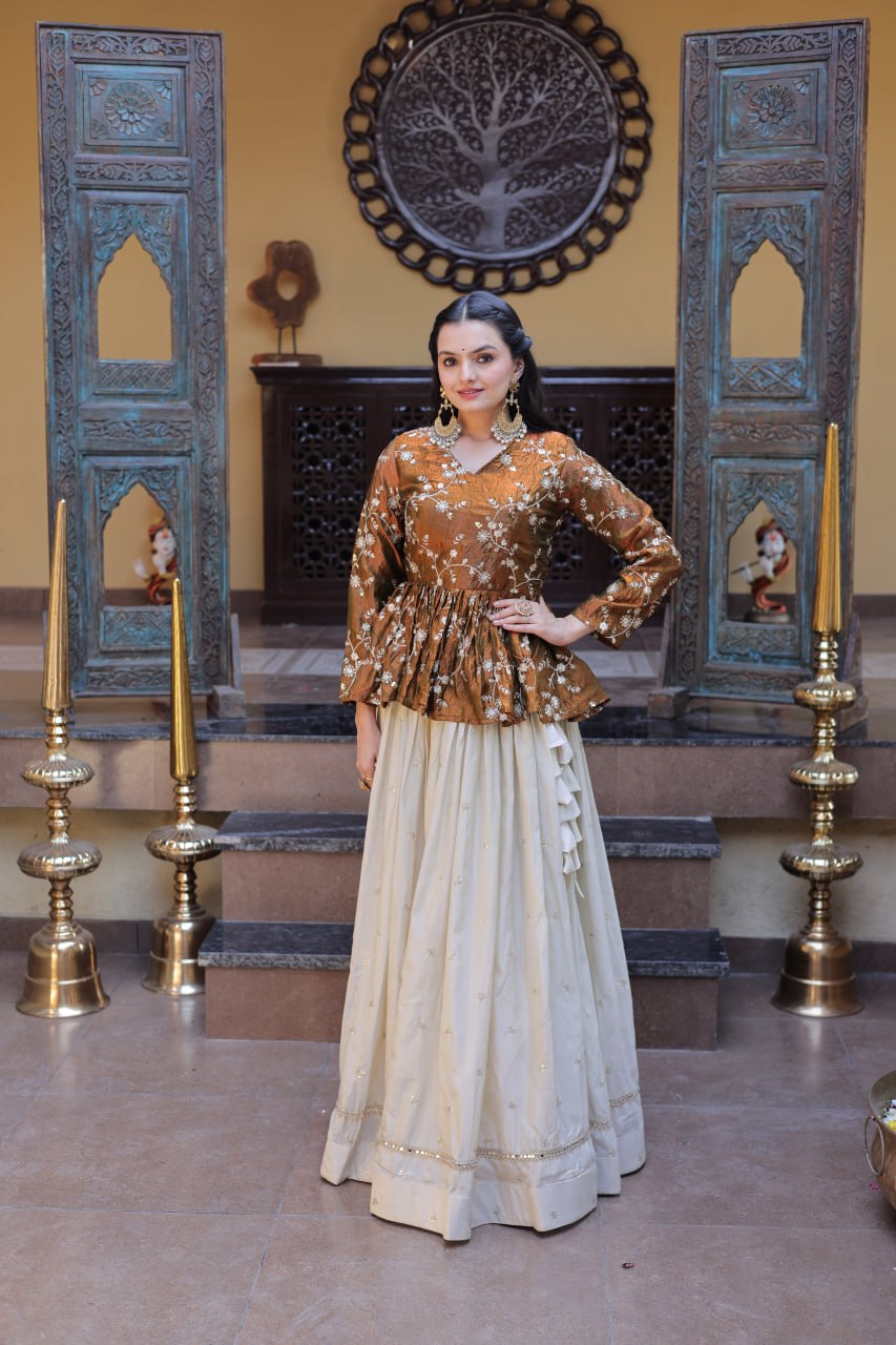 Lorenvalley Fashion Offwhite Cosmos Fabrics with Sequins & Zari Embroidered With Mirror Lace Work Lehenga Choli - Dista