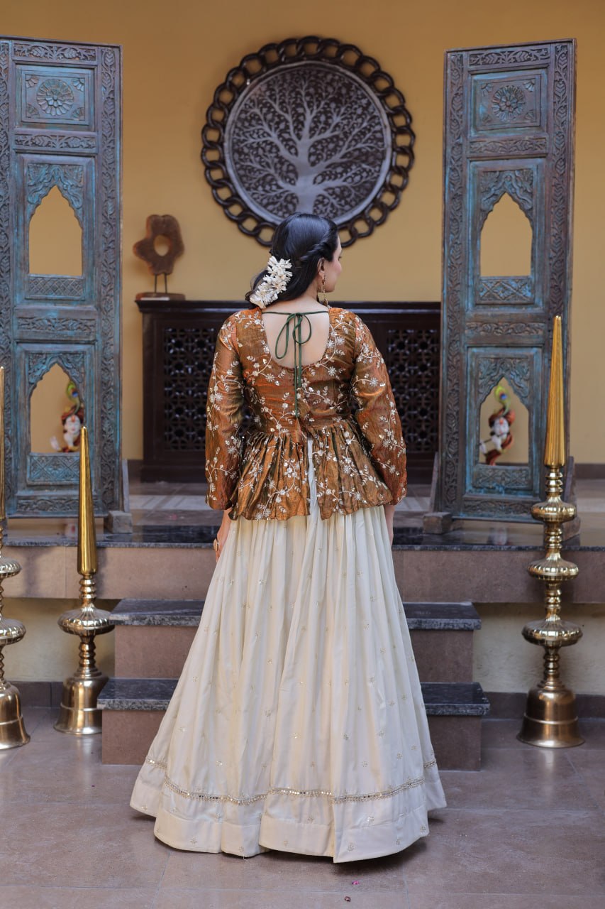 Lorenvalley Fashion Offwhite Cosmos Fabrics with Sequins & Zari Embroidered With Mirror Lace Work Lehenga Choli - Dista
