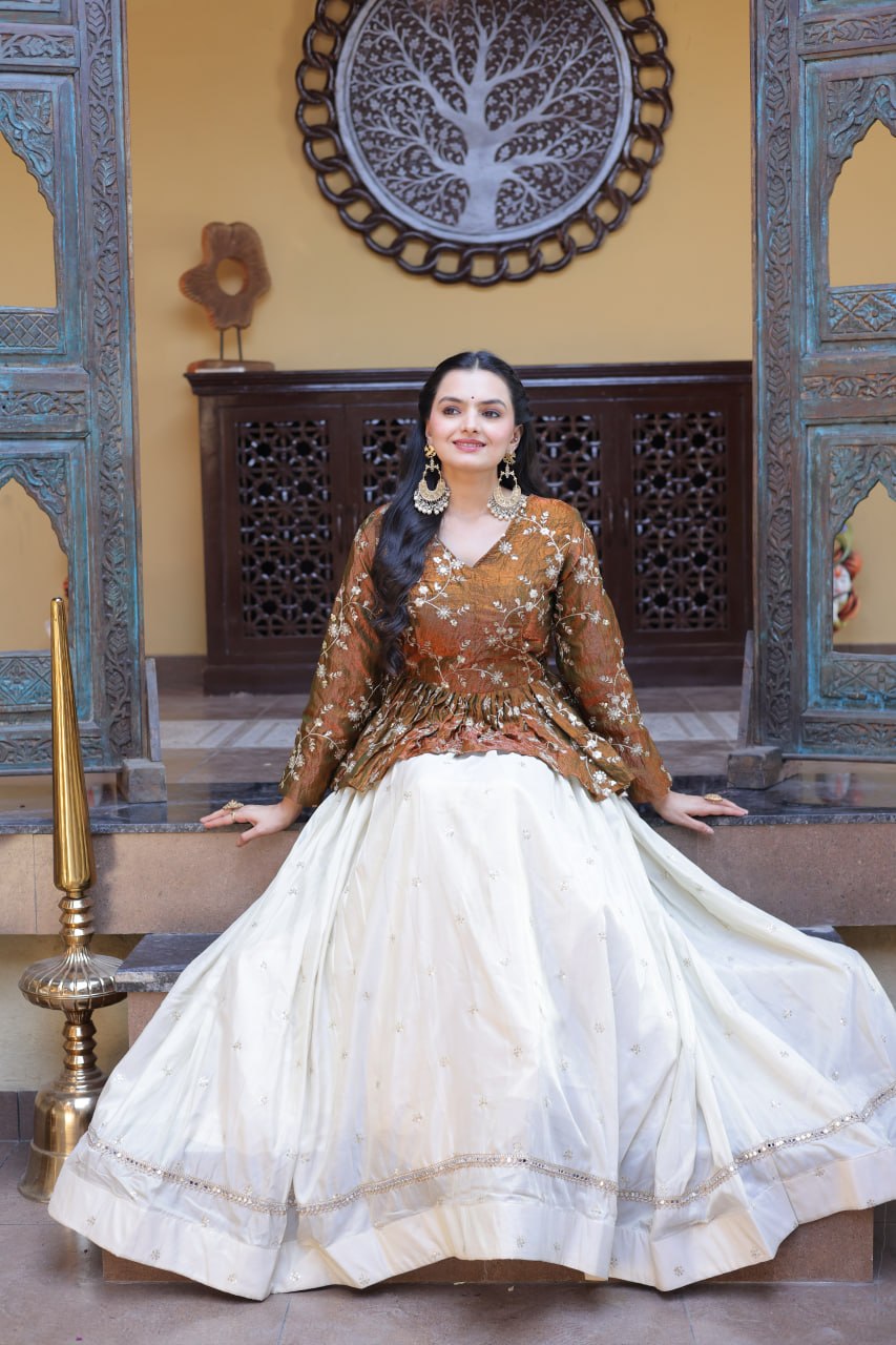 Lorenvalley Fashion Offwhite Cosmos Fabrics with Sequins & Zari Embroidered With Mirror Lace Work Lehenga Choli - Dista